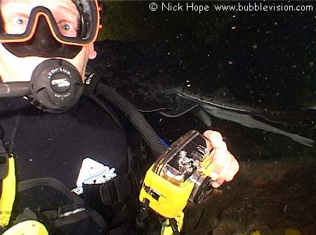 Scuba diver inside Shark Cave